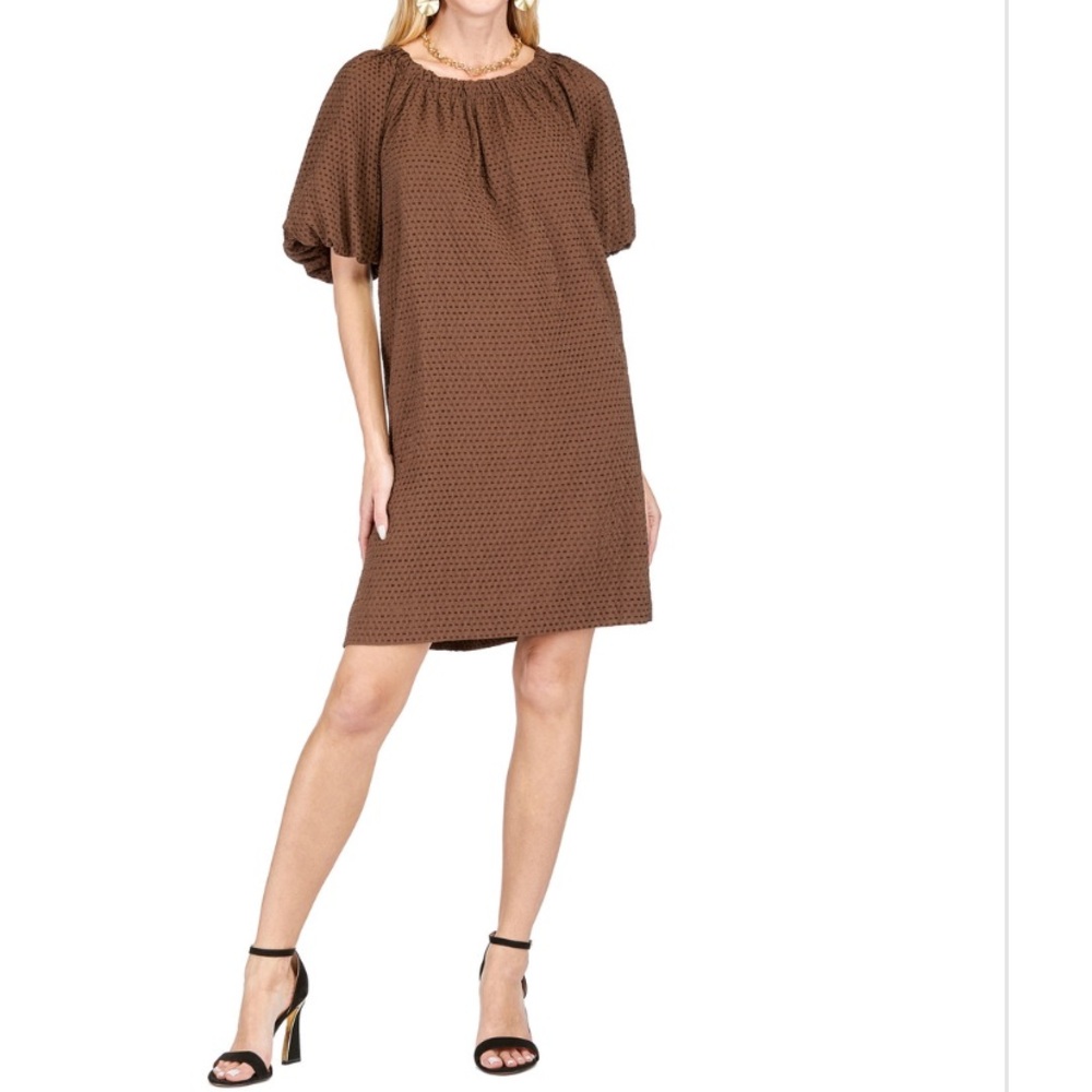 NWT Jade Gather Neck Tie Back Brown Textured Dress - Brown‎ XS
